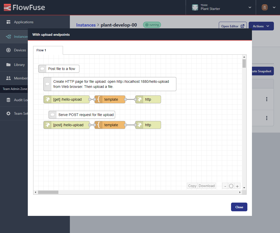 Screenshot to an example flow preview for a Snapshot in FlowFuse